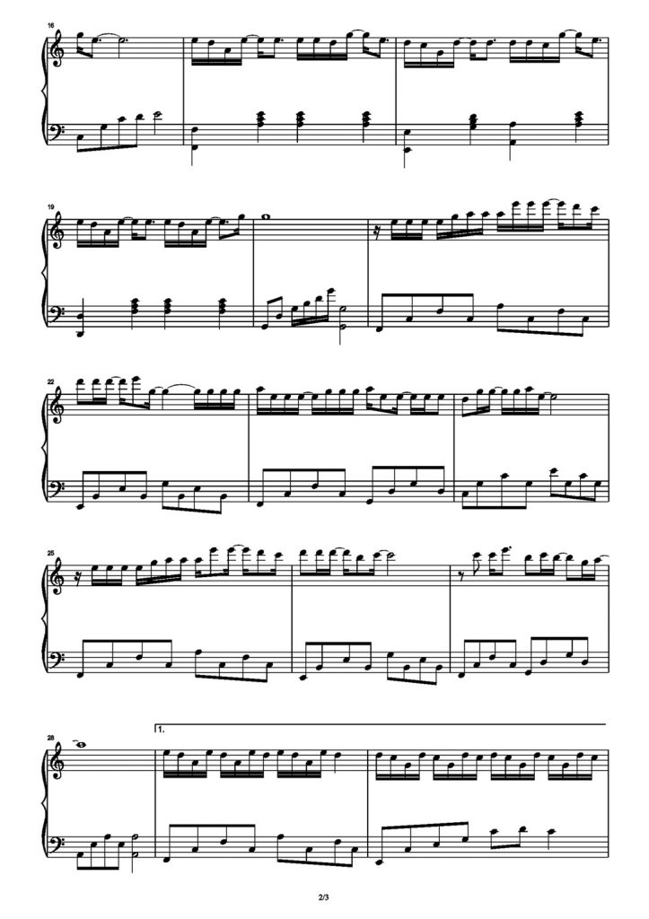 时光洪流 钢琴五线谱-C调简易版-程响