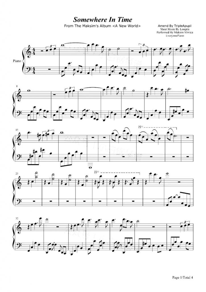 Somewhere In Time 钢琴五线谱