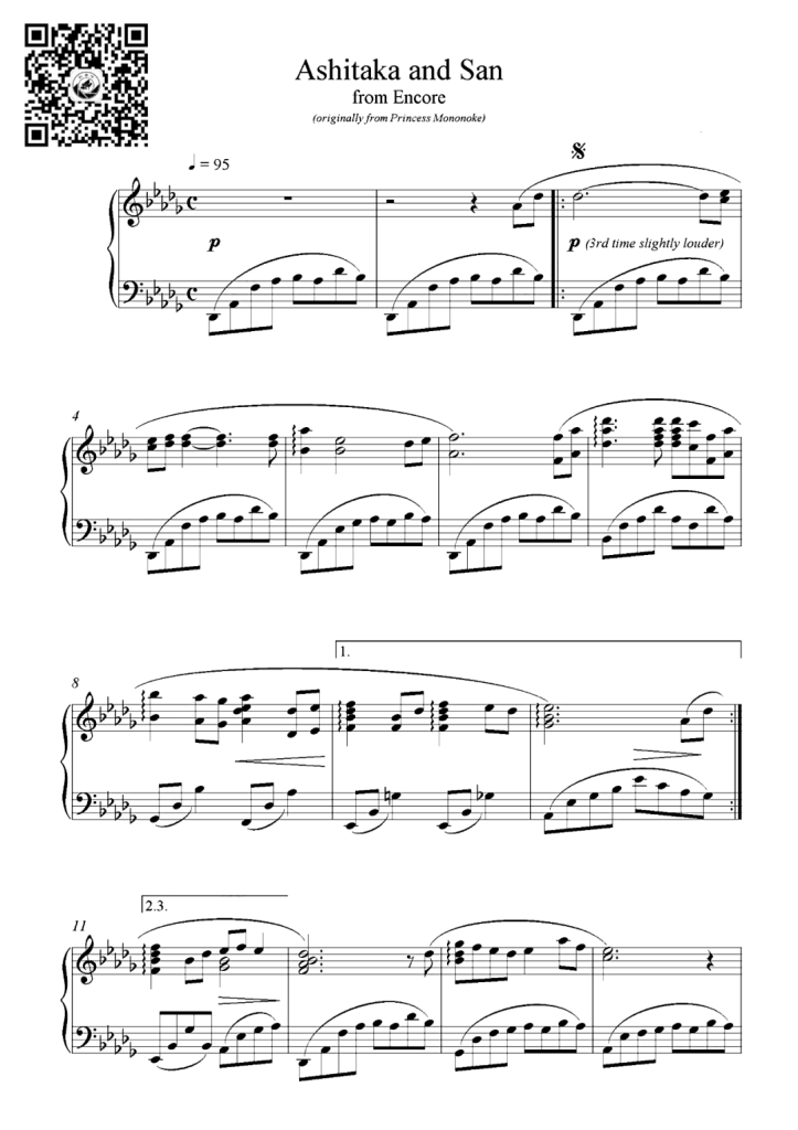 Ashitaka and San 钢琴曲谱-《幽灵公主》经典配乐 -久石让