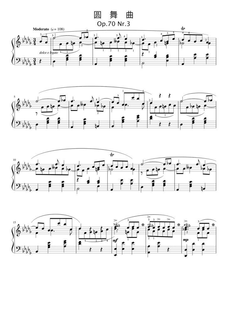 肖邦 降D大调圆舞曲 Op.70 No.3 钢琴五线谱