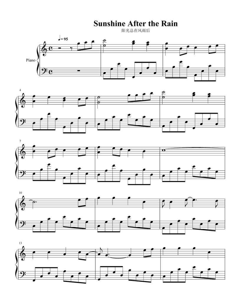 阳光总在风雨后 钢琴五线谱