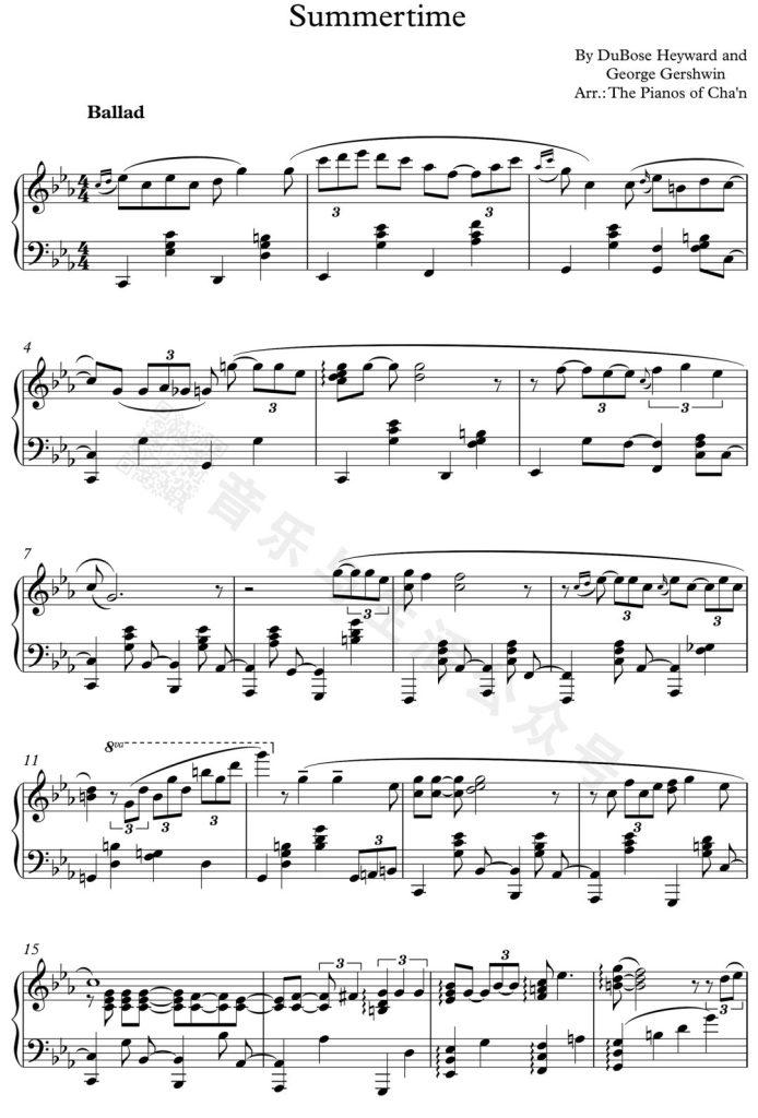 夏日时光 Summertime 钢琴曲谱  - 格什温经典名曲