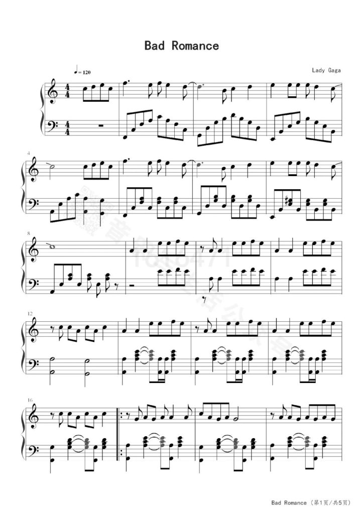 Bad Romance 钢琴五线谱 - Lady Gaga