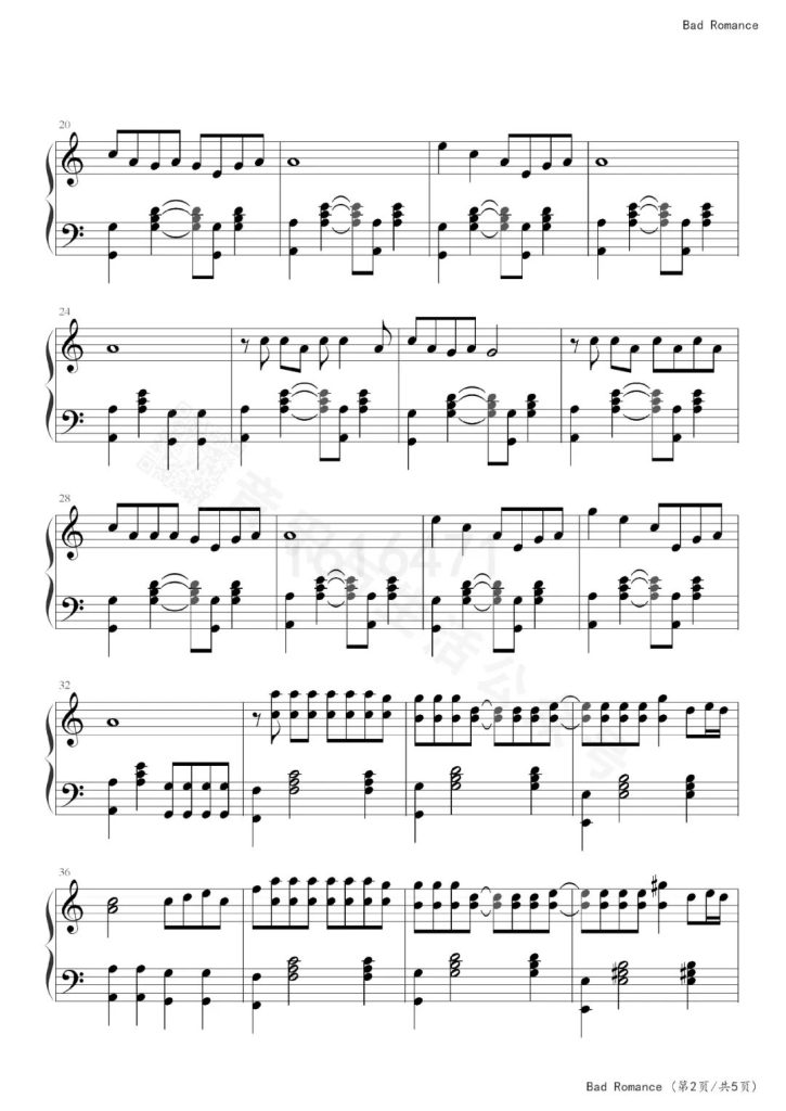 Bad Romance 钢琴五线谱 - Lady Gaga