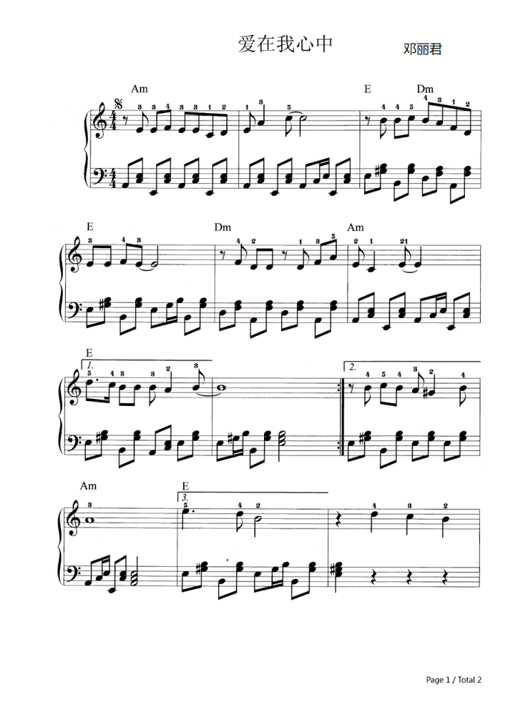 爱在我心中 钢琴谱 - 邓丽君