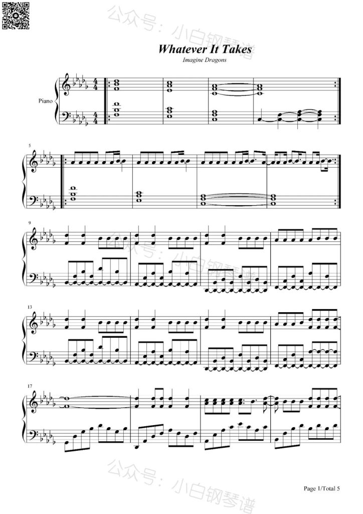 Whatever It Takes 钢琴谱-Imagine Dragons 梦龙乐队