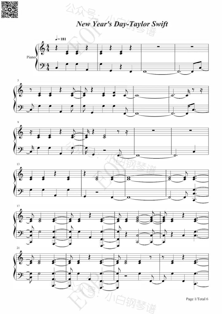 New Years Day 钢琴曲谱 - Taylor Swift