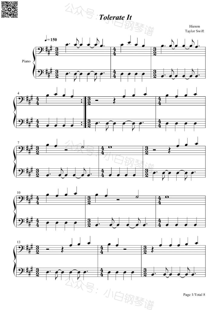 Tolerate It 钢琴曲谱- Taylor Swift